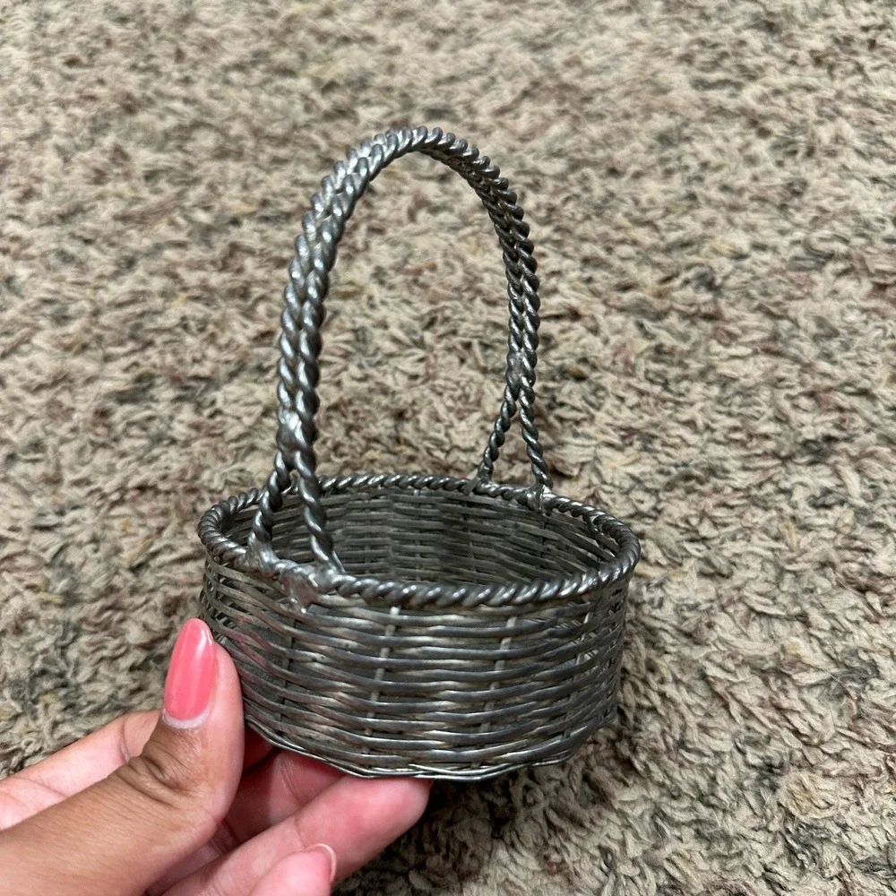 Vintage Miniature Silver Wire Basket Twisted Handle Woven Metal Trinket Holder
